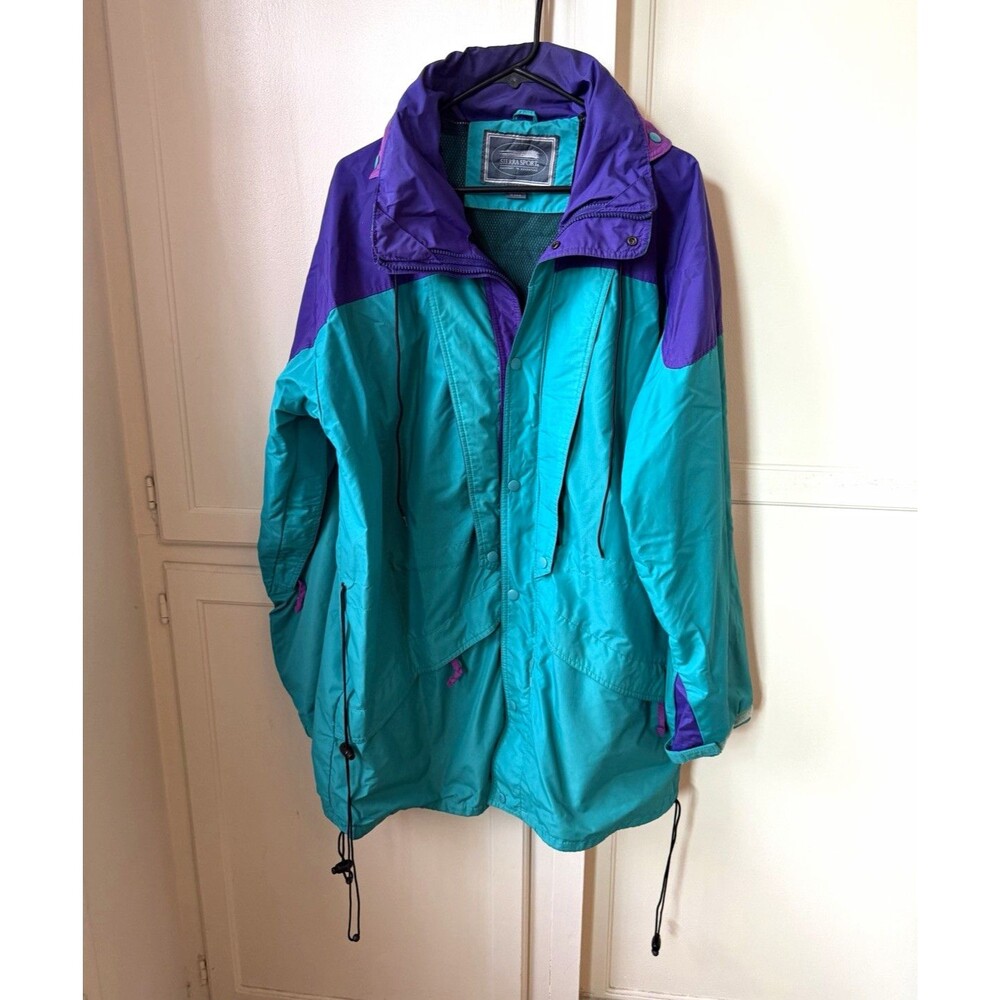 Vintage Sierra Sport Colorblock Teal Purple Nylon Hooded Parka Men’s Large